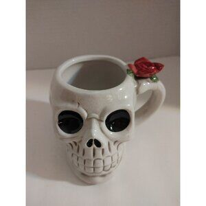 SKULL and Rose COFFEE MUG, White, Black, with Blood-Red Rose 16oz Halloween Goth